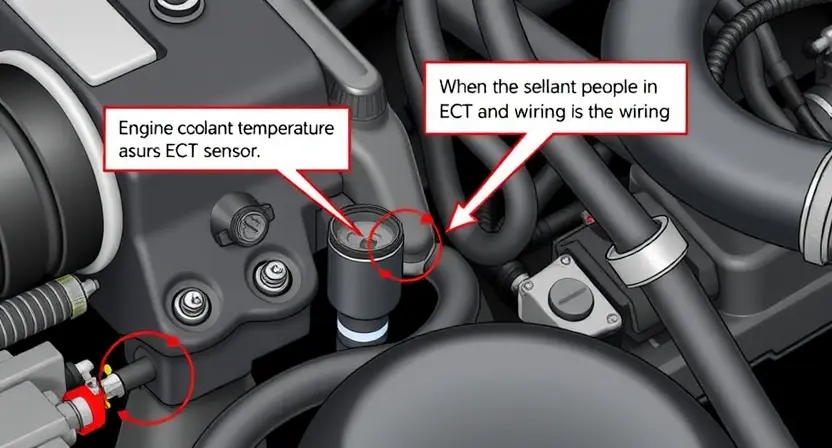 A close-up, detailed illustration of an engine bay with a focus on the Engine Coolant Temperature (ECT) sensor and its wiring. The sensor should be clearly visible, along with the surrounding hoses and components. The image should convey a sense of technical precision and diagnostic examination.