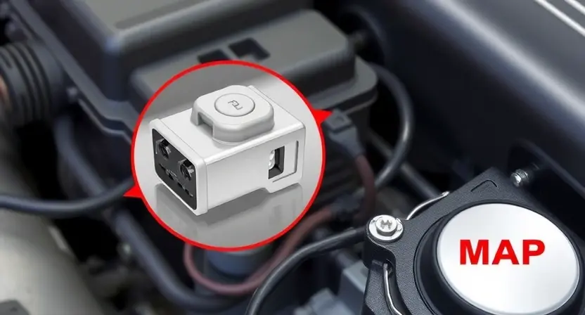 A close-up, detailed illustration of a Mass Airflow Sensor (MAP sensor) inside a car engine bay. The sensor should be clearly visible, with its electrical connector and wiring. The background should show a portion of the engine, focusing on the area where the MAP sensor is typically located. The image should convey a sense of technical precision and diagnostic focus.