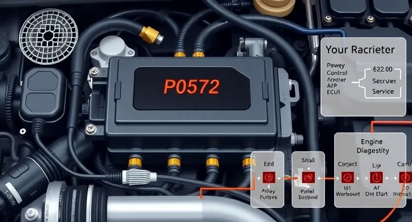 A detailed illustration of an automotive engine control unit (ECU) with various sensors and diagnostic tools connected. The ECU should be highlighted with glowing indicators representing a P0572 error. Include a schematic diagram showing the data flow related to the P0572 code.