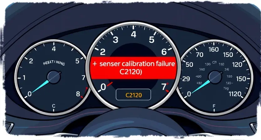 A detailed illustration depicting a car's dashboard with a prominent error message indicating a sensor calibration failure (C2120). The dashboard should show various gauges and indicators, with the error message highlighted in red. Focus on the technical aspects of the dashboard and the error display.