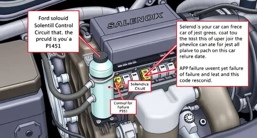 A detailed illustration of a Ford car engine with a focus on the solenoid control circuit. The image should show the solenoid and its connections, highlighting the potential points of failure that could lead to the P1451 error code. The engine components should be clearly labeled and depicted in a realistic manner.
