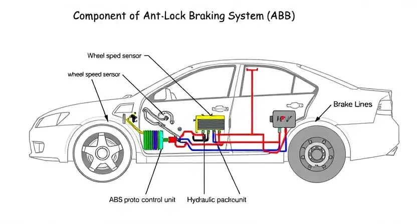 A detailed diagram illustrating the components of an Anti-lock Braking System (ABS) in a car. The diagram should clearly show the wheel speed sensors, ABS control module, hydraulic control unit, and brake lines. Use color-coding to differentiate between the various parts. The background should be a clean, neutral color. Focus on technical accuracy and clarity.