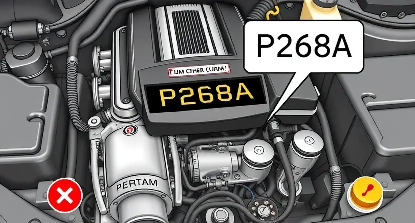 A detailed illustration of a car engine with a highlighted P268A error code indicator. The engine should be realistically rendered, showing various components like pistons, valves, and belts. The P268A code should be clearly displayed on a digital dashboard or a dedicated error display within the engine bay.