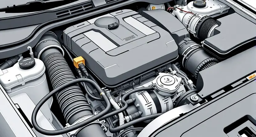 A high-quality technical illustration showing a car engine bay with a highlighted oxygen sensor and wiring harness, clean lines, technical diagram style, no text or numbers on image