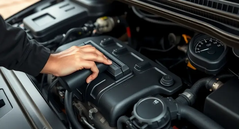A high-quality engine close-up showing a mechanic's hand tapping a diagnostic scanner on a car engine, with a fuel pump and fuel gauge visible, indicating fuel quality issues, no text or numbers on the image
