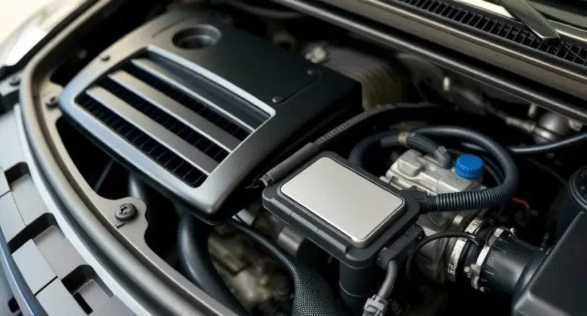 A close-up of a car's engine bay, focusing on the air intake system and the engine control unit (ECU). The ECU should be clearly visible, with wiring connected to it. The overall scene should convey a sense of technical inspection and maintenance. The engine bay should be clean and well-lit, highlighting the components.