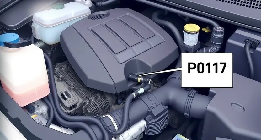A detailed illustration of a car engine with a highlighted sensor related to the P0117 error. The engine should be clean and well-lit, showcasing its components. A subtle visual representation of exhaust fumes could be included, indicating engine operation. Focus on the area around the sensor to draw attention to it.