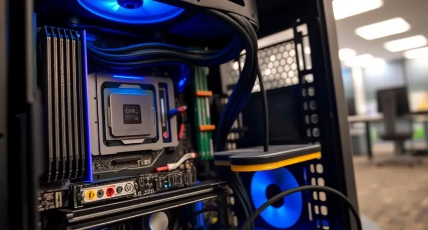 A computer motherboard with various components, including a CPU, RAM, and graphics card, illuminated by a soft blue light. Cables connecting the components are visible. The background is a blurred office environment.