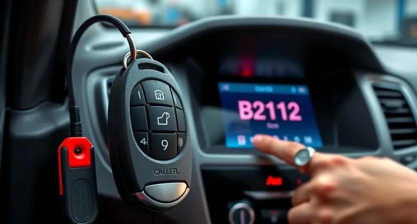 A close-up of a car's keyless entry system components, including a key fob, antenna module, and door handle sensor, with diagnostic error code B2112 displayed on a car dashboard screen, showing a red warning light and a technician's hand pointing at the code, all in a well-lit garage setting with tools nearby, realistic style, high detail