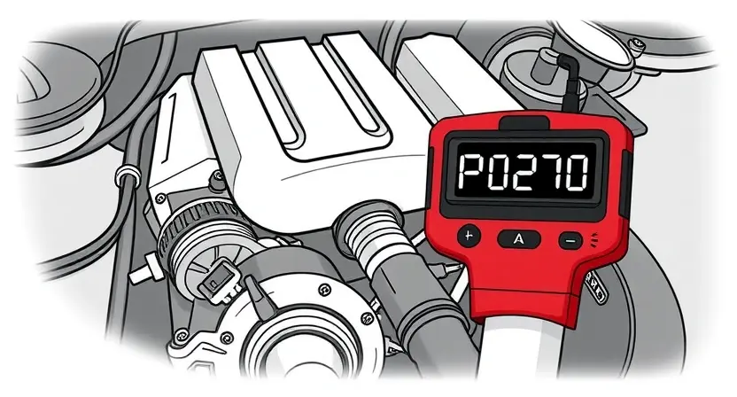 A detailed illustration of a car's engine bay with a diagnostic code reader displaying 'P0270'. The engine should be partially visible, showing key components like the alternator, distributor, and spark plugs. Focus on clarity and technical accuracy.
