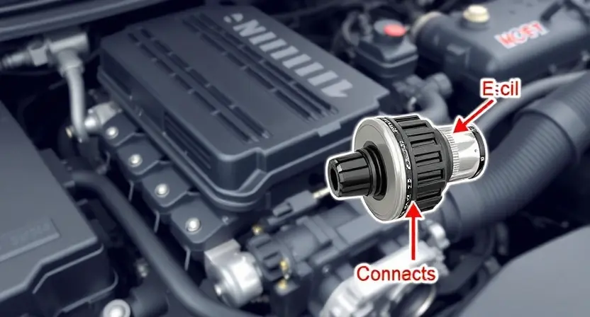 A detailed illustration of an automotive engine bay, focusing on the wiring harness and the electromagnetic valve. The wiring should be clearly visible, with some connectors highlighted. The electromagnetic valve should be depicted with its components labeled (e.g., coil, contacts). The background should be slightly blurred to emphasize the engine components.