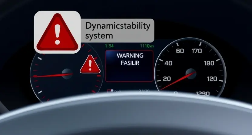 A high-quality technical illustration showing a car's dynamic stability system warning light on a dashboard, with a subtle error symbol overlay and a magnifying glass icon indicating inspection, clean background, no text or numbers