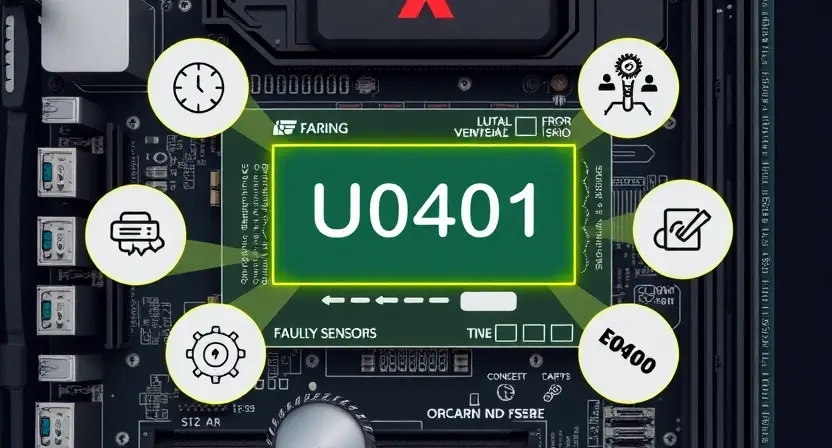 A high-quality technical illustration showing a computer motherboard with a highlighted U0401 error code displayed on a diagnostic screen, surrounded by icons representing error causes like faulty sensors and wiring, clean and professional visual style
