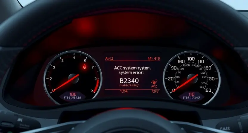 A detailed illustration of a car's dashboard with a warning light illuminated, specifically indicating an ACC system error (B2340). The dashboard should show relevant gauges and indicators, with a focus on the error message displayed on the instrument cluster. The car's interior should be realistically depicted.