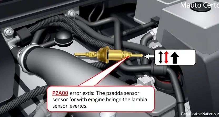 A detailed illustration of an automotive engine with a lambda sensor clearly visible. The sensor should be connected to the engine's exhaust system and the engine control unit (ECU). Highlight the sensor's components and wiring. Show a visual representation of the P2A00 error code related to the lambda sensor malfunction, perhaps with a small error icon near the sensor.