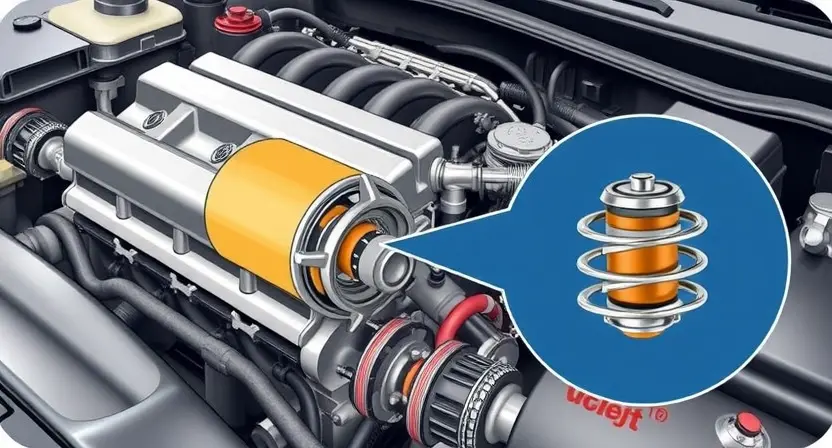 A detailed illustration of a car engine with a highlighted thermostat housing, showing the coolant flow path. The image should depict the engine block, radiator, and coolant hoses, emphasizing the thermostat's role in regulating coolant temperature. Include a close-up of the thermostat in both open and closed positions to explain its function.