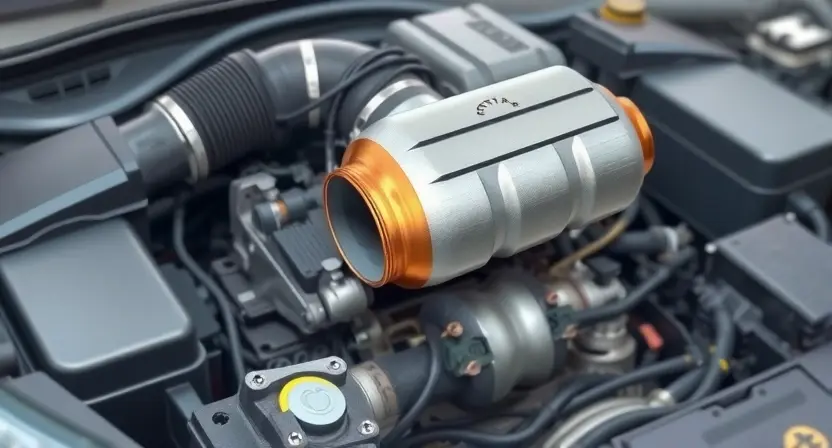 A detailed illustration of an automotive engine bay, focusing on the catalytic converter and related components. The catalytic converter should be prominently displayed, with clear visual cues indicating potential issues (e.g., discoloration, damage). Include wiring harnesses and sensors connected to the catalytic converter. The background should be slightly blurred to emphasize the engine components.