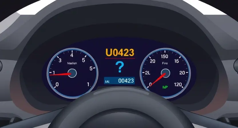 A high-quality technical illustration showing a car dashboard with warning lights and error codes, focusing on the instrument panel area where the U0423 error appears, clean and professional visual style, no text or numbers on the image