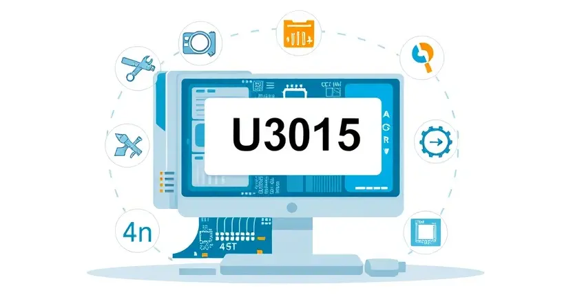 A high-quality technical illustration showing a computer motherboard with a highlighted error code U3015 displayed on a diagnostic screen, surrounded by icons representing troubleshooting steps like magnifying glass, wrench, and shield, with a clean white background and subtle blue accents