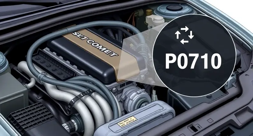 A detailed illustration of a car's engine bay, highlighting the P0710 error code indicator light. The engine should be partially visible, showcasing various components like hoses, wires, and sensors. The error code light should be clearly illuminated, with a visual representation of the code (P0710) displayed near it. Focus on technical accuracy and clarity.