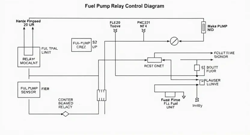 A detailed schematic diagram of a fuel pump relay control circuit. Include components like relays, wiring, sensors, and a control unit. The diagram should be clear, well-labeled, and visually represent the flow of electrical signals. Focus on the components related to the P0230 error code.