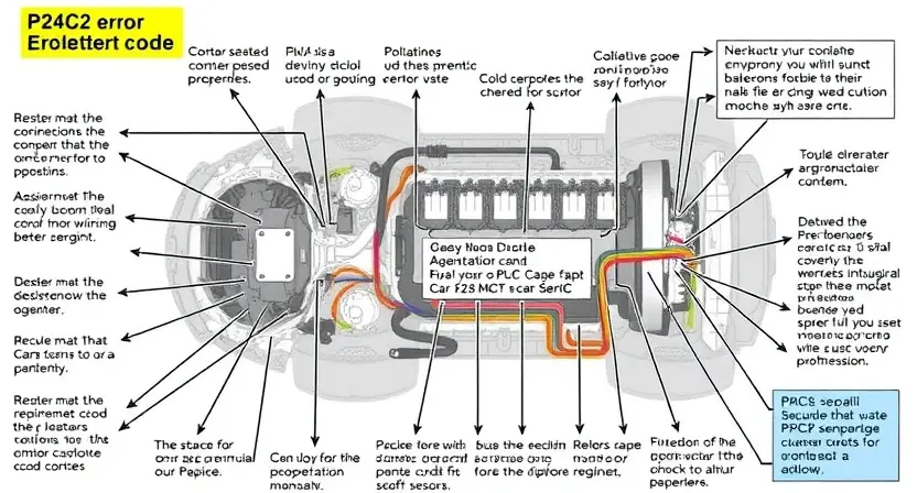 A detailed schematic diagram illustrating the internal components of a car's engine, highlighting the P24C2 error code and its potential causes. Include visual representations of sensors, actuators, and wiring.
