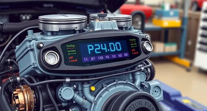 A detailed illustration of an automotive engine with a highlighted error code P24D0 displayed on a digital dashboard. The engine should be realistically rendered, showcasing various components like pistons, valves, and sensors. The dashboard should clearly show the error code and relevant warning lights. The background should be a workshop environment, slightly blurred to focus on the engine and dashboard.