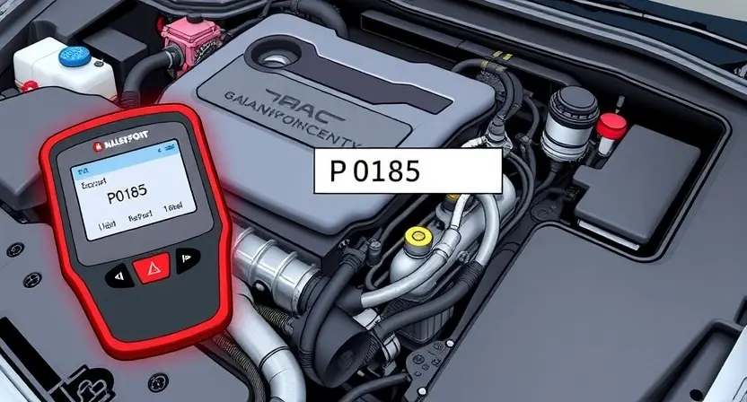 A detailed illustration of a car's engine bay with a diagnostic tool connected to the engine's computer. The image should clearly show the error code P0185 highlighted on a display. Focus on the technical aspects of the engine and the diagnostic process.