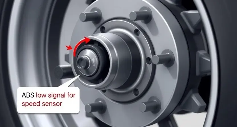 A close-up illustration of a car's wheel hub assembly, highlighting the speed sensor and its connection to the ABS system. The image should visually represent a low signal or broken sensor, perhaps with a subtle visual cue like a broken wire or a distorted signal line. Focus on the mechanical components and the sensor itself. The background should be blurred to emphasize the wheel hub.