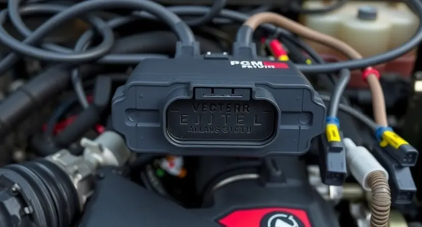 A close-up, detailed illustration of a car's engine control unit (ECU) with various wires and sensors connected. The focus should be on the diagnostic port on the ECU. The background should be blurred, suggesting a workshop environment.