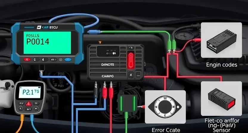 A detailed illustration of a car's engine control unit (ECU) with various diagnostic tools connected. Focus on the P0614 error code indicator light illuminated on the dashboard. Include visual representations of relevant sensors and wiring.