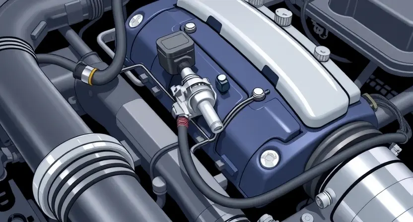 A close-up, detailed illustration of an engine bay with a focus on the oxygen sensor and associated wiring. The sensor should be clearly visible, along with surrounding engine components like hoses and belts. The overall lighting should be bright and clean, emphasizing the mechanical details. The image should convey a sense of technical precision and diagnostic inspection.
