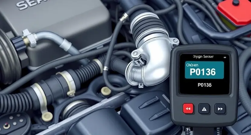 A detailed illustration of an automotive engine bay, focusing on the oxygen sensor in the exhaust system. The sensor should be clearly visible, with wiring and connections highlighted. Include a diagnostic tool displaying a P0136 error code. The background should be slightly blurred to emphasize the sensor and the error code.