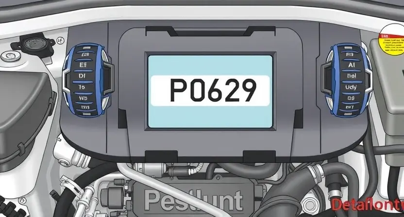 A detailed illustration of a car's engine control unit (ECU) with a highlighted diagnostic trouble code (DTC) P0629 displayed on a screen. The ECU should be surrounded by various automotive components like sensors, wiring, and hoses. The background should be a clean, technical environment.