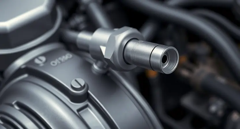 A close-up, detailed illustration of an engine's oxygen sensor. The sensor should be clearly visible, with surrounding engine components subtly blurred in the background. Focus on the sensor's electrical connector and the sensor's sensing element. The overall color palette should be metallic silver and dark gray, with subtle hints of orange or red to indicate heat.