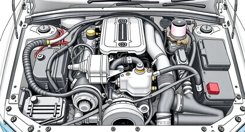 A detailed illustration of an engine bay with a clear focus on the intake flap actuator. The actuator should be highlighted, showing its mechanical components and connection points. Include surrounding engine parts like hoses, belts, and the intake manifold, but keep the focus on the actuator. The overall scene should be clean and well-lit, emphasizing technical accuracy.