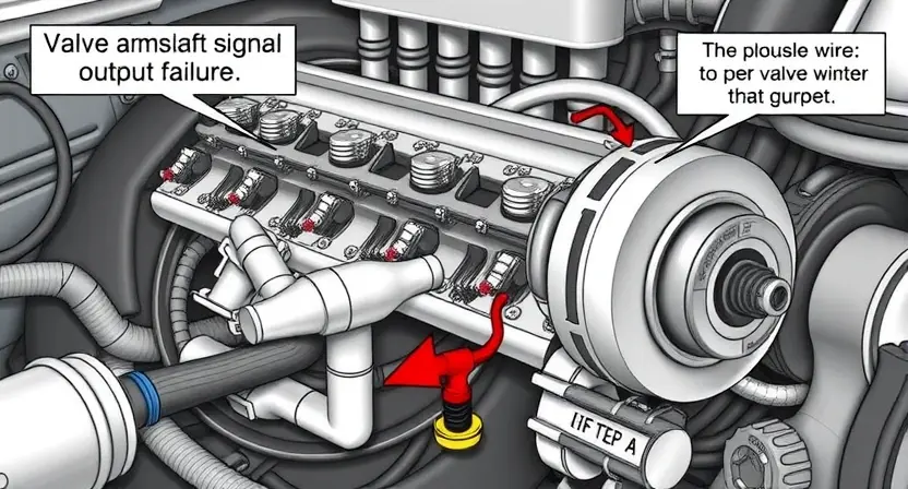 A detailed illustration of an engine's valve train system, highlighting the camshaft, valve lifters, and associated wiring. Focus on the components related to signal output failure. Include visual cues indicating a potential malfunction, such as a broken wire or a damaged component.
