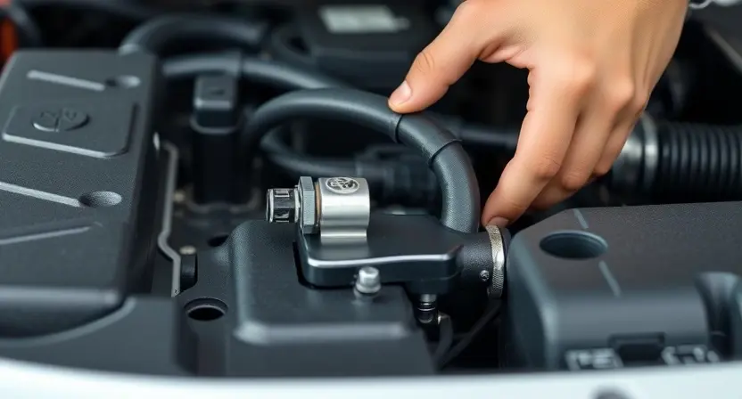 A close-up, detailed image of a car's engine bay, specifically focusing on the Mass Air Flow (MAF) sensor. The sensor should be clearly visible, along with surrounding hoses and wiring. A mechanic's hand could be subtly included, gently inspecting the sensor, but the focus remains on the sensor itself. The engine bay should be clean and well-lit, suggesting a professional repair environment. The overall impression should be informative and technical, highlighting the importance of the MAF sensor
