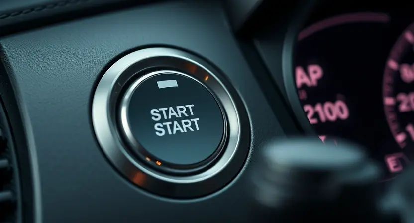 A close-up of a car's engine start button on the dashboard, showing signs of wear or malfunction, with subtle visual indicators of electrical fault like faint sparks or error code 'B2100' glowing faintly on a nearby diagnostic screen, soft ambient lighting, modern vehicle interior, focus on the button and its immediate surroundings