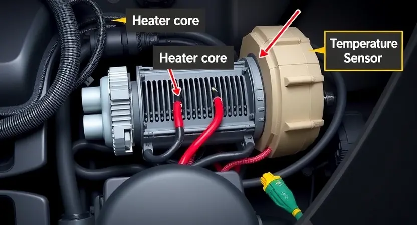 A detailed illustration of a car's intake heater circuit, showing the wiring, heater core, and temperature sensor. The image should highlight the potential points of failure in the circuit. Focus on technical accuracy and clarity.