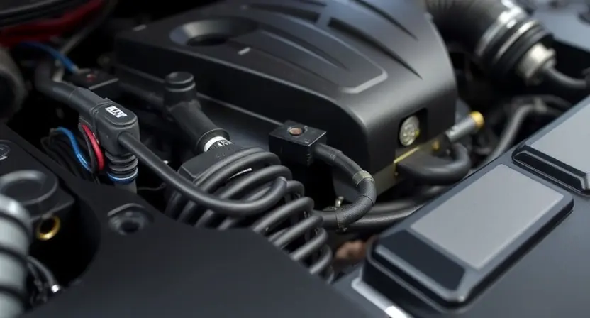 A close-up of a car engine bay, focusing on the coolant temperature sensor and its wiring. The engine should be clean and well-maintained. Highlight the sensor's location and connections.