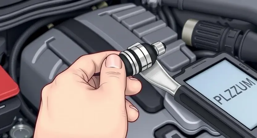 A close-up, detailed illustration of a car's oxygen sensor being replaced. The sensor should be clearly visible, along with tools like a wrench and possibly a diagnostic scanner. The background should show a car engine bay, slightly blurred to keep focus on the sensor replacement. Focus on the mechanical aspects of the repair.