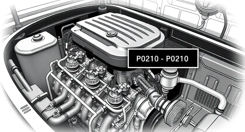 A detailed illustration depicting a car engine with a diagnostic error code P0210 highlighted. The engine should be partially disassembled, showing various components like the intake manifold, fuel rail, and sensors. A digital display showing the P0210 code should be visible. The background should be a clean, technical laboratory setting.