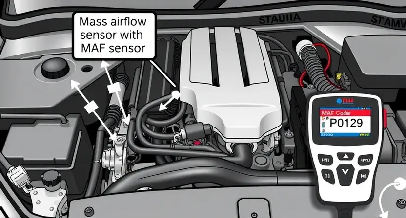 A detailed illustration of a car's engine bay, highlighting the mass airflow sensor (MAF sensor) and its associated wiring. Include arrows pointing to the MAF sensor and wiring, indicating their location. Show a diagnostic tool connected to the car's port, displaying a P0129 error code on the screen. The overall scene should be clean and informative, emphasizing the components related to the error.