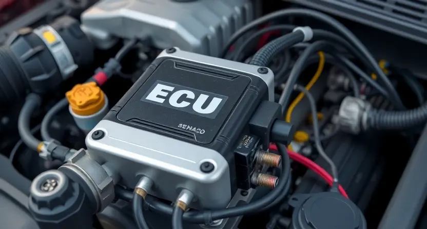 A close-up, detailed illustration of an engine control unit (ECU) connected to various sensors and wiring harnesses within a car's engine bay. Focus on the connections and the complexity of the system. The background should be slightly blurred to emphasize the ECU.