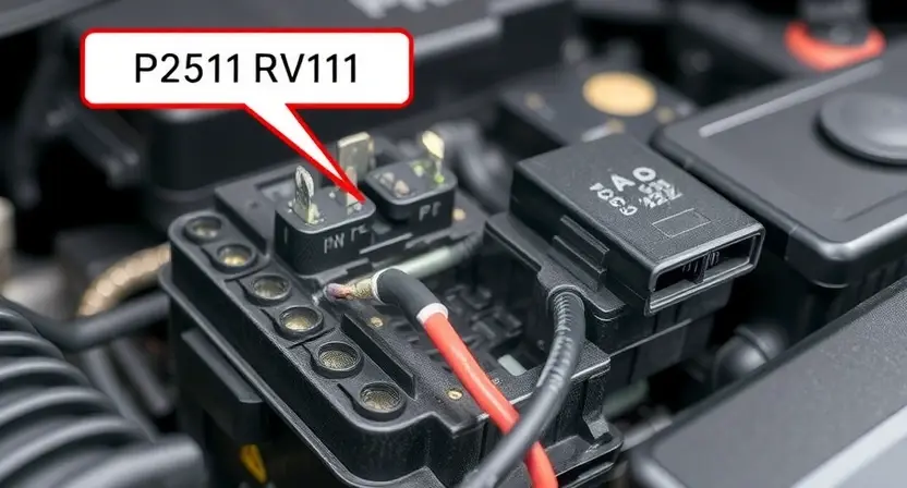 A close-up, detailed illustration of an automotive engine control unit (ECU) with a highlighted wiring harness connected to a main relay. The wiring should appear slightly frayed or damaged to visually represent a potential cause of the P2511 error. Focus on the electrical connections and the relay itself. The background should be a blurred automotive workshop environment.