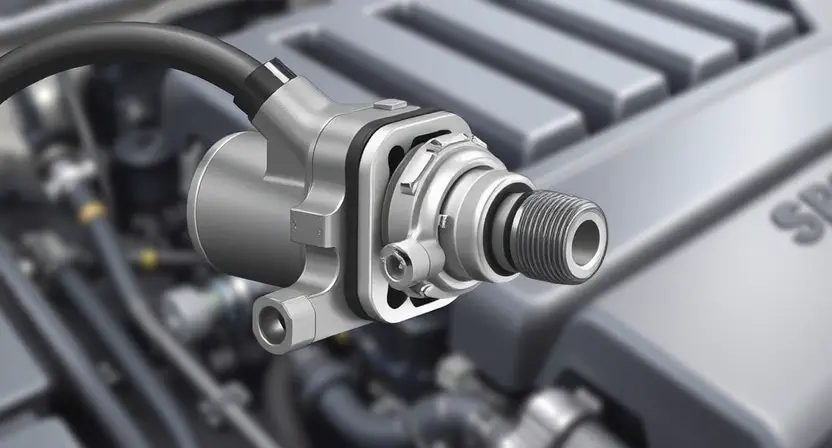 A close-up, detailed illustration of an engine coolant temperature sensor. The sensor should be clearly visible, with its wiring and connection points highlighted. In the background, subtly depict a car engine block, suggesting the sensor's location. Focus on the sensor's physical components and its connection to the engine.