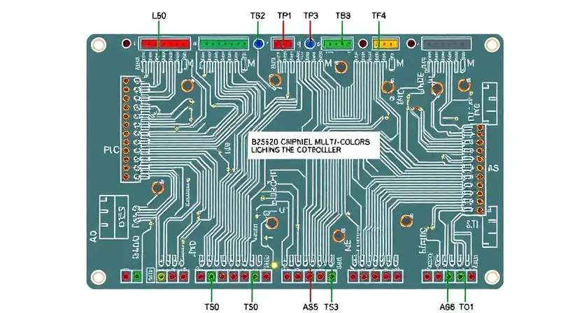 A detailed schematic diagram of a background multi-color lighting controller circuit board, highlighting the B2520 error. Include visual cues indicating a potential fault or malfunction.
