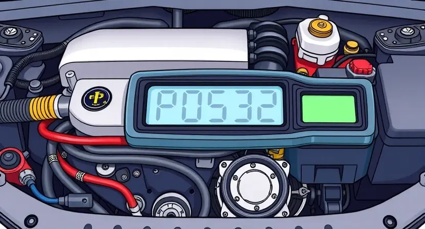 A detailed illustration of a car's engine bay with a diagnostic code reader displaying 'P0532'. The engine should be partially visible, showcasing various components like hoses, belts, and sensors. Focus on clarity and precision in displaying the code.