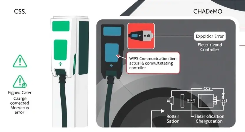 A technical illustration showing a charging station interface with both CCS and CHAdeMO connectors, highlighting a communication error between the vehicle and controller, with visual cues like warning icons and circuit diagrams